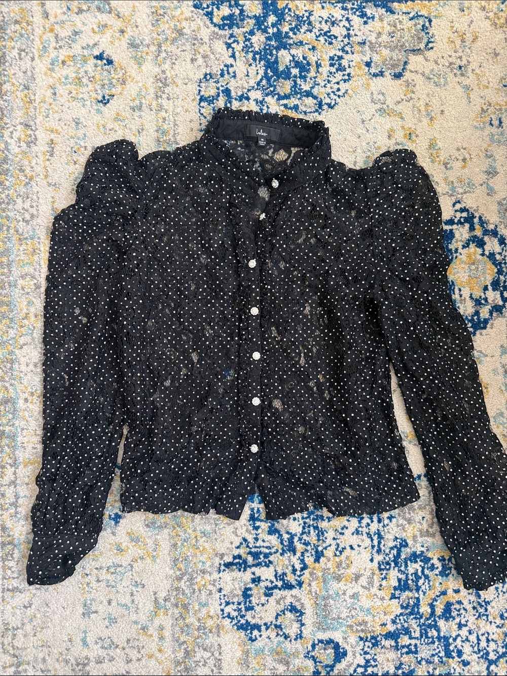 Lulu’s Black Lace Polka Dot Button-Front Blouse